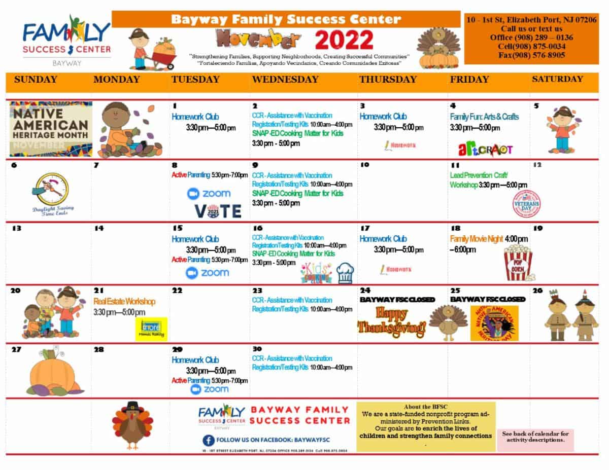Bayway FSC November 2022 Calendar english front