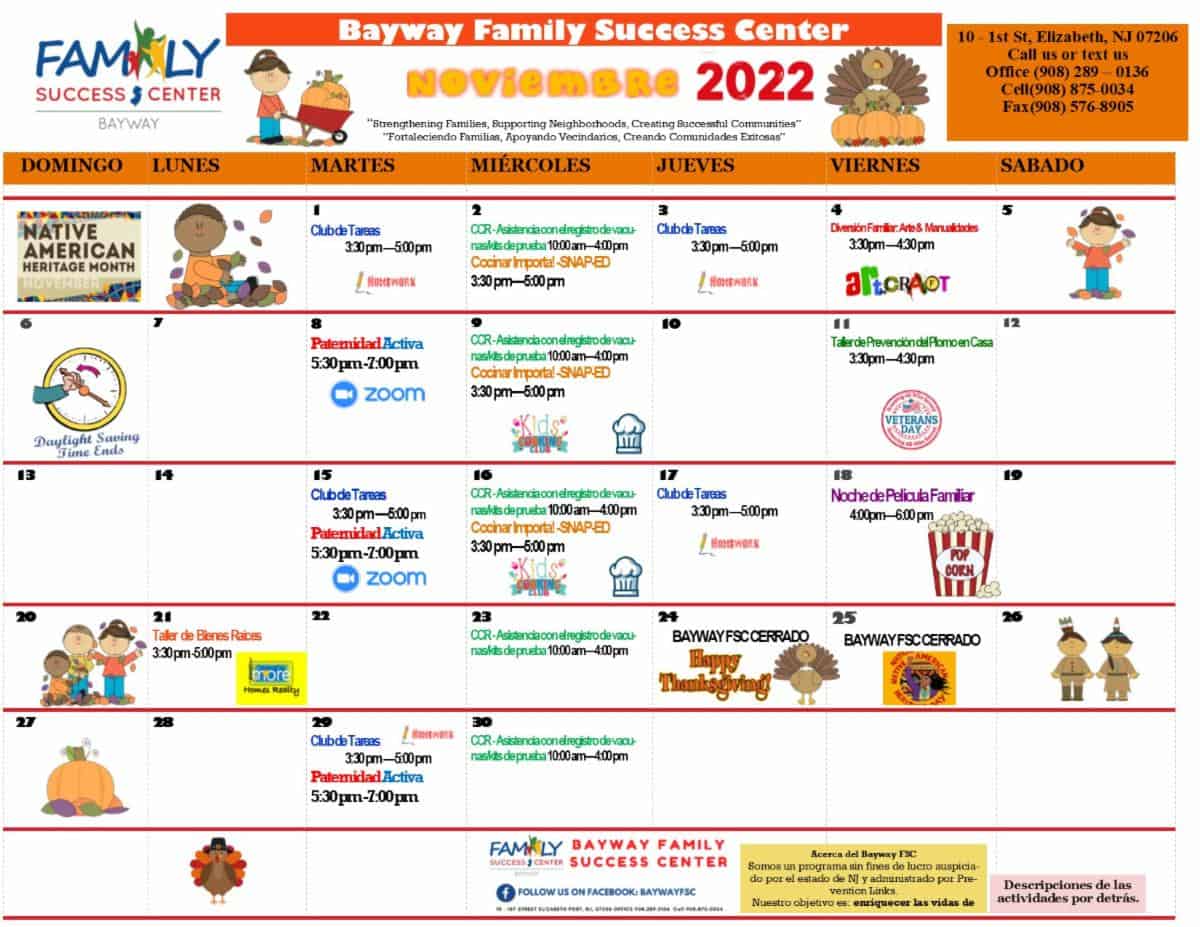 Bayway FSC November 2022 Calendar spanish front