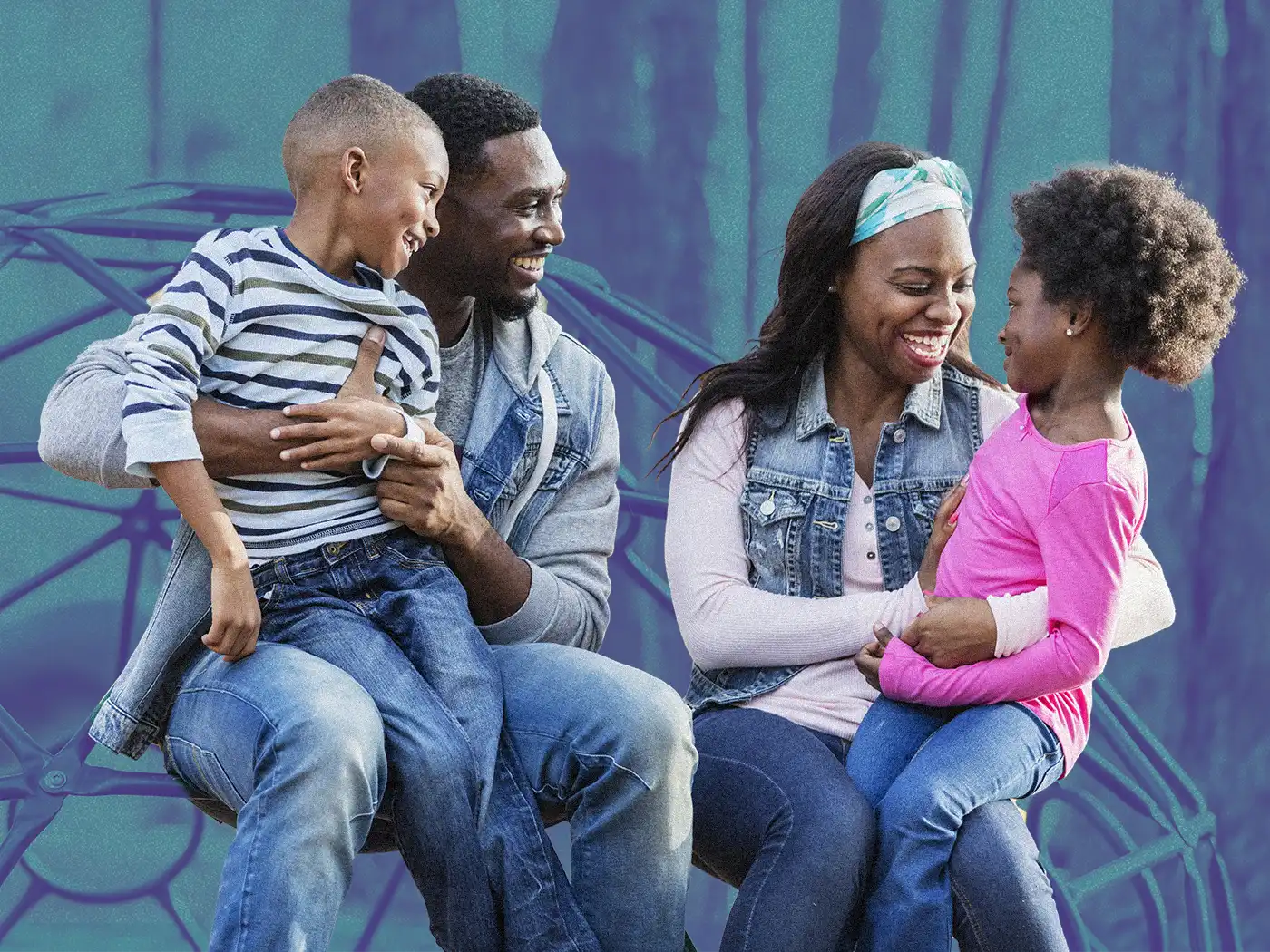 Family sitting together in the jungle gym